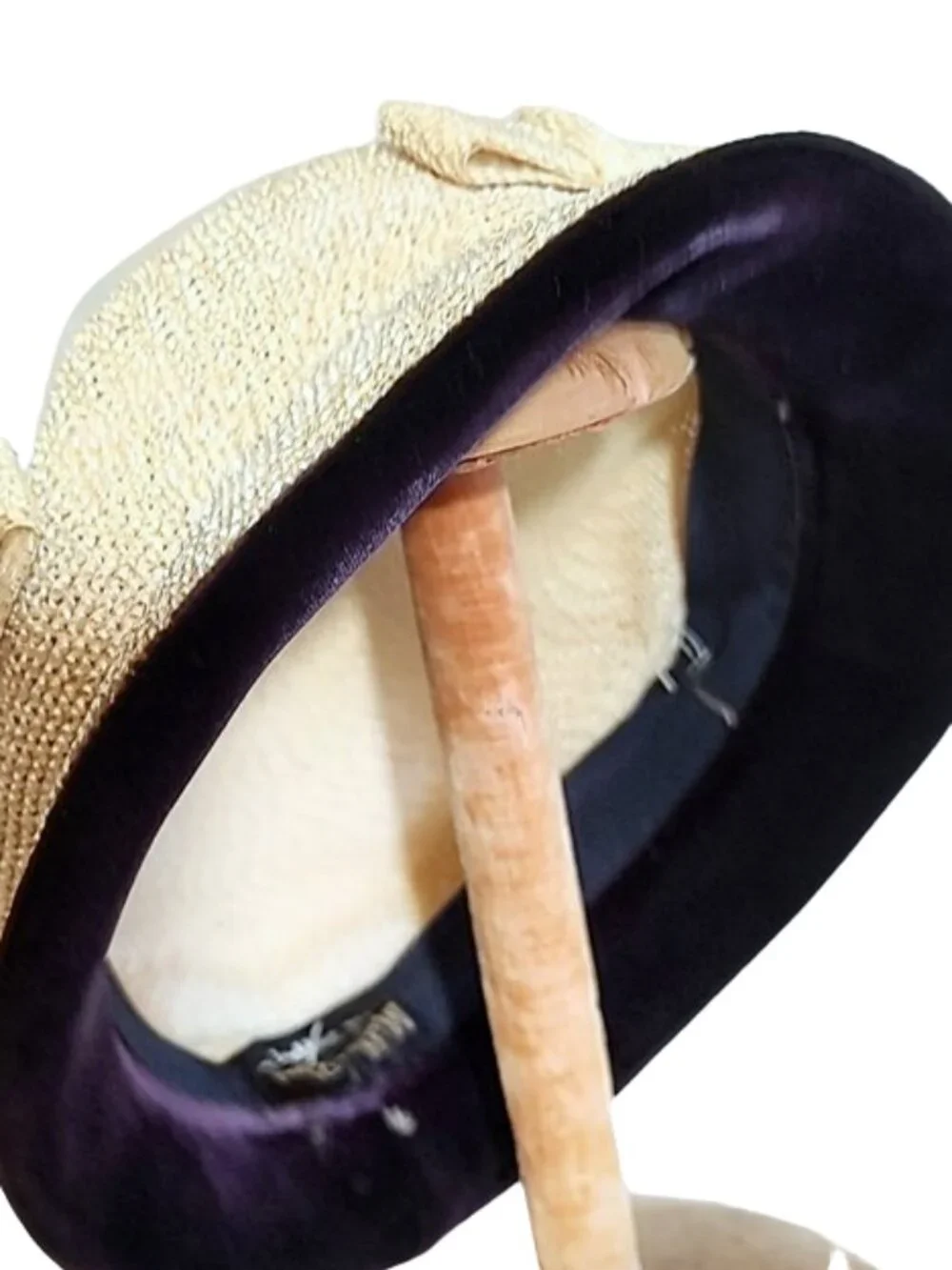 1950s True Vintage Cream Straw Brimmed Hat With Bows And Purple Velvet Trim - Picture 4 of 5